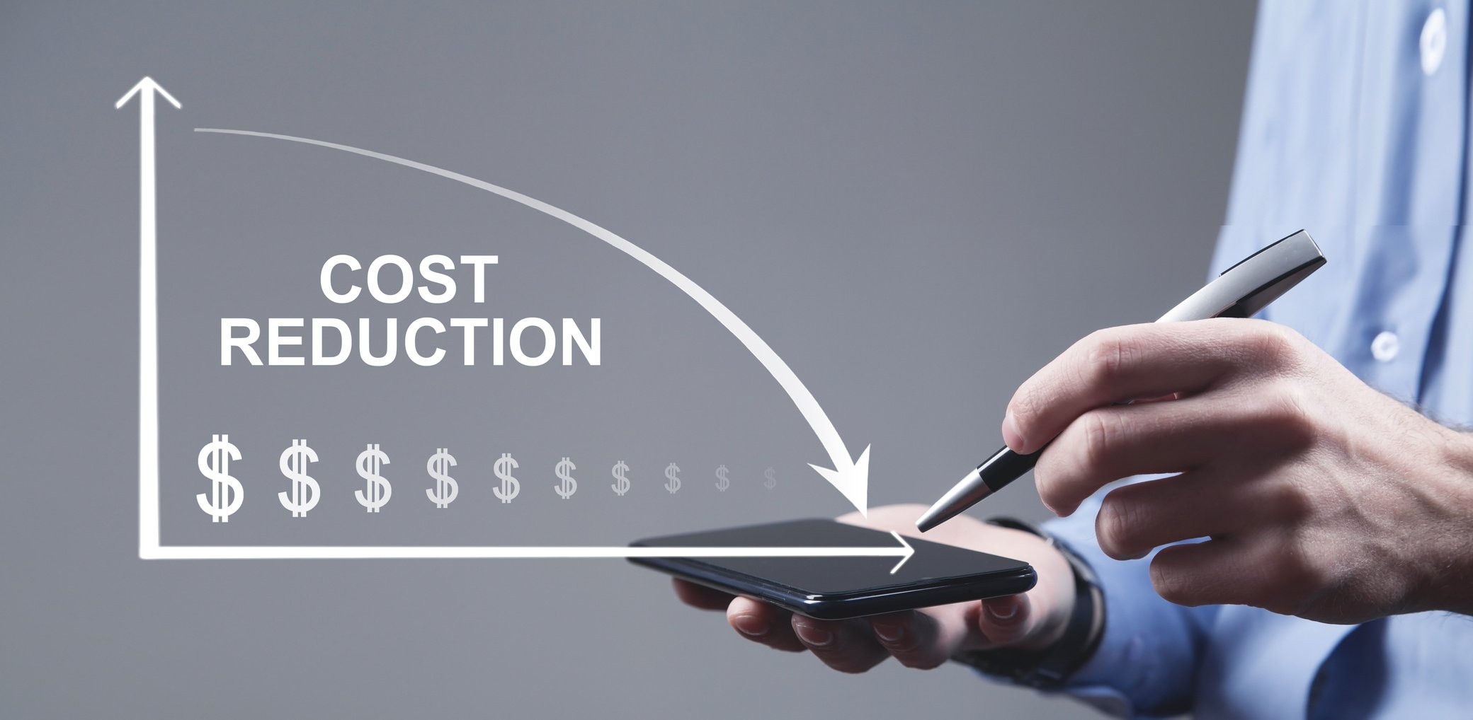 Cost Reduction. Dollar symbols and down arrow. Business. Finance